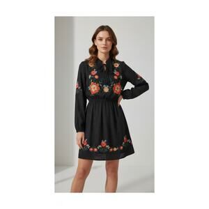 Savanna Jane Womens Size S Black Embroidered Floral Polka Dot Boho Flare Dress